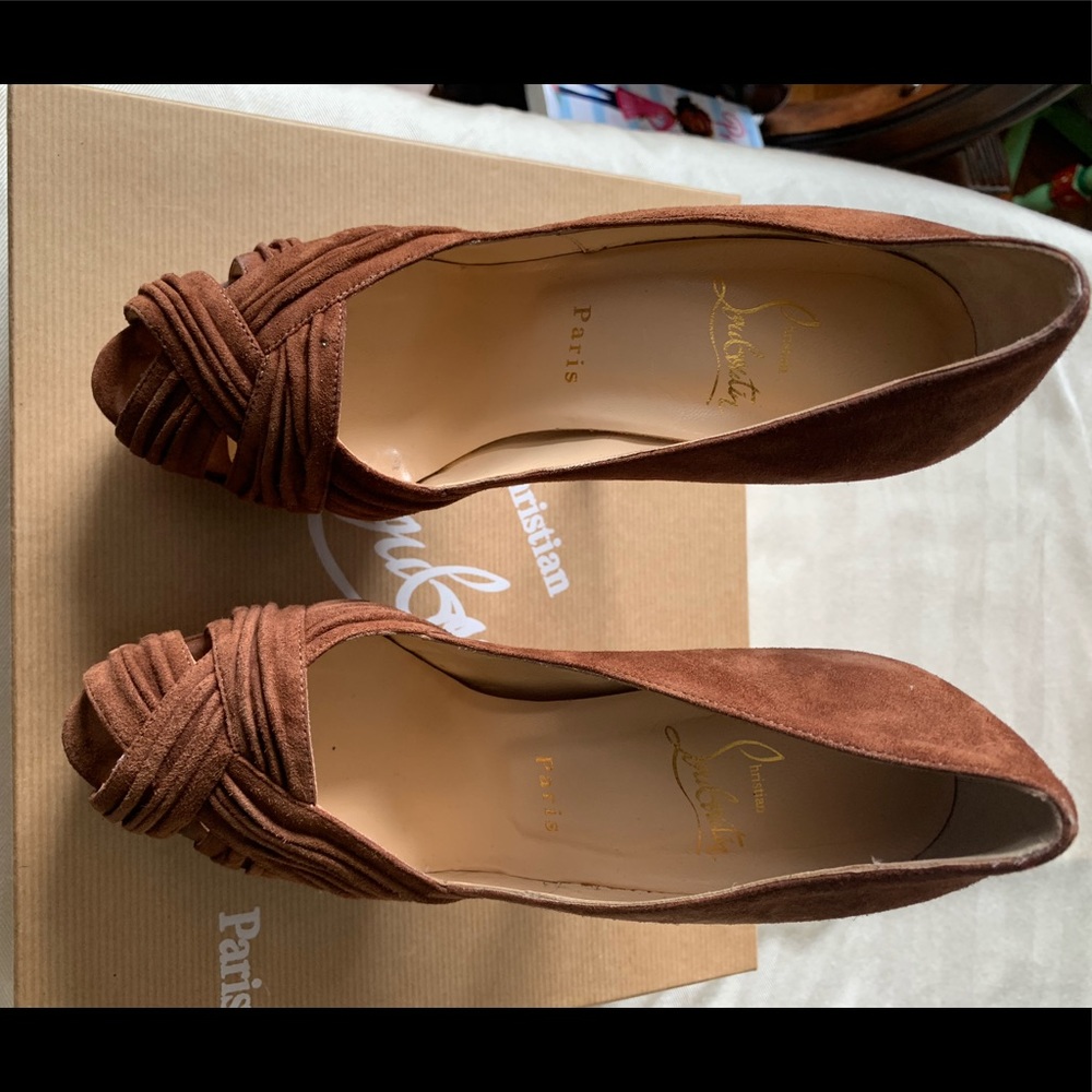 Brown Swede CL Peep Toe Platforms.